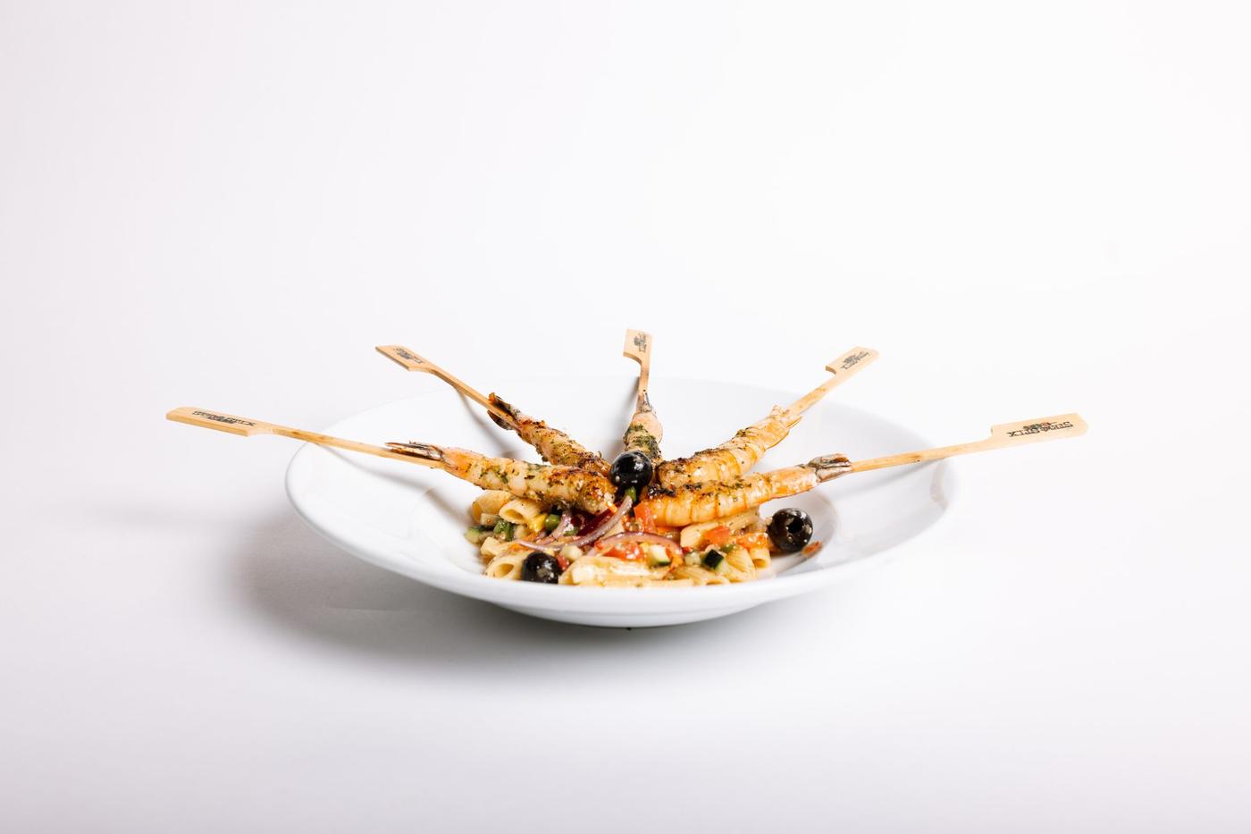 Shrimp Lollipops on penne — corporate catering by Chef Stew